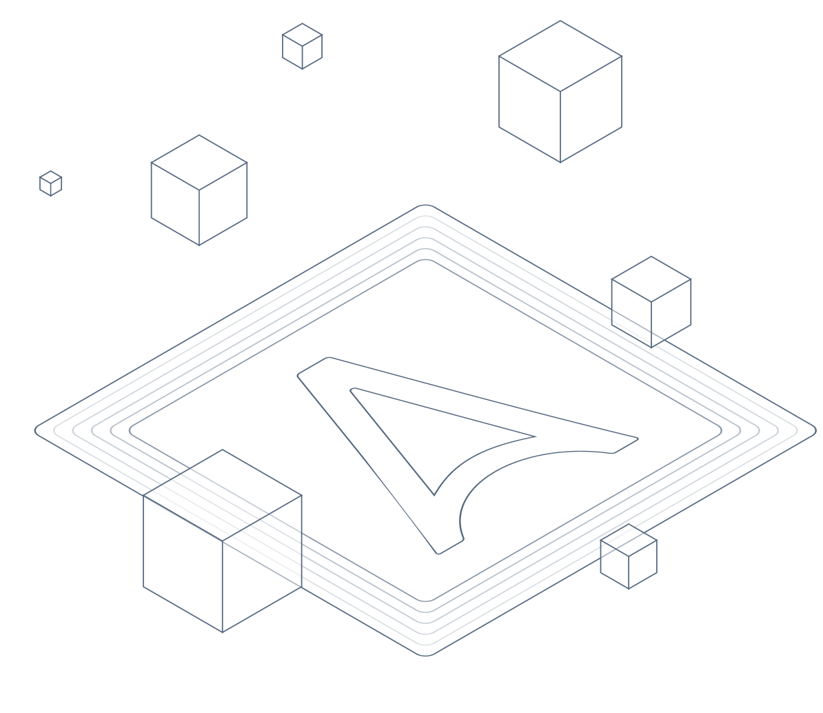 3D illustration of interconnected cubes and a large frame